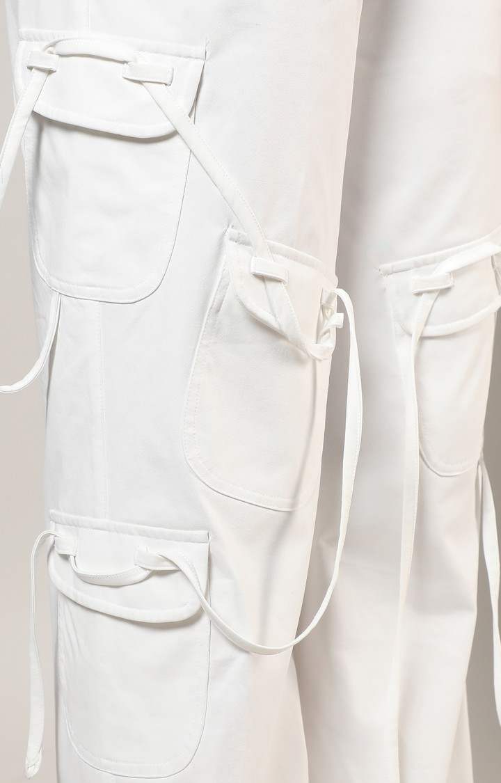 Women's Chalk White Solid Polyester Cargos