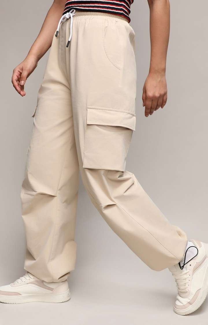 Women's Beige Solid Polyester Cargos