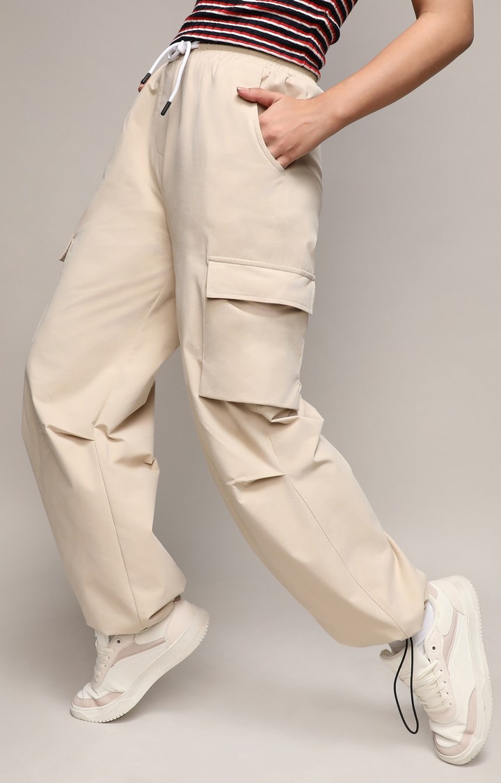 Women's Beige Solid Polyester Cargos