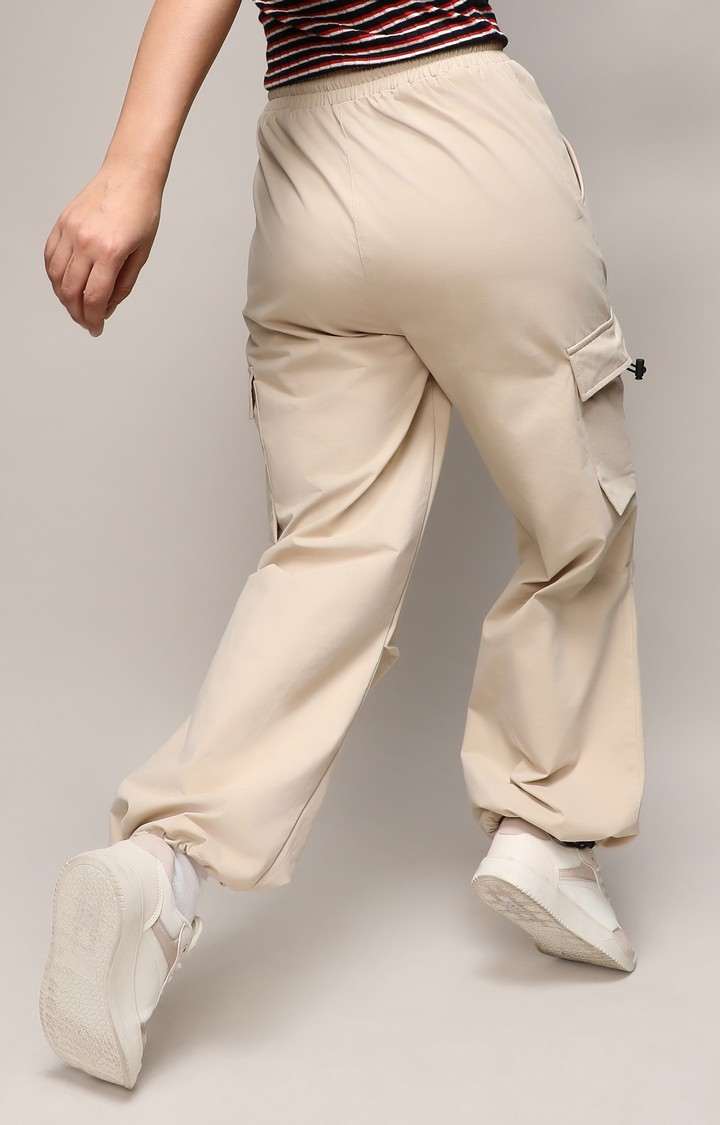 Women's Beige Solid Polyester Cargos
