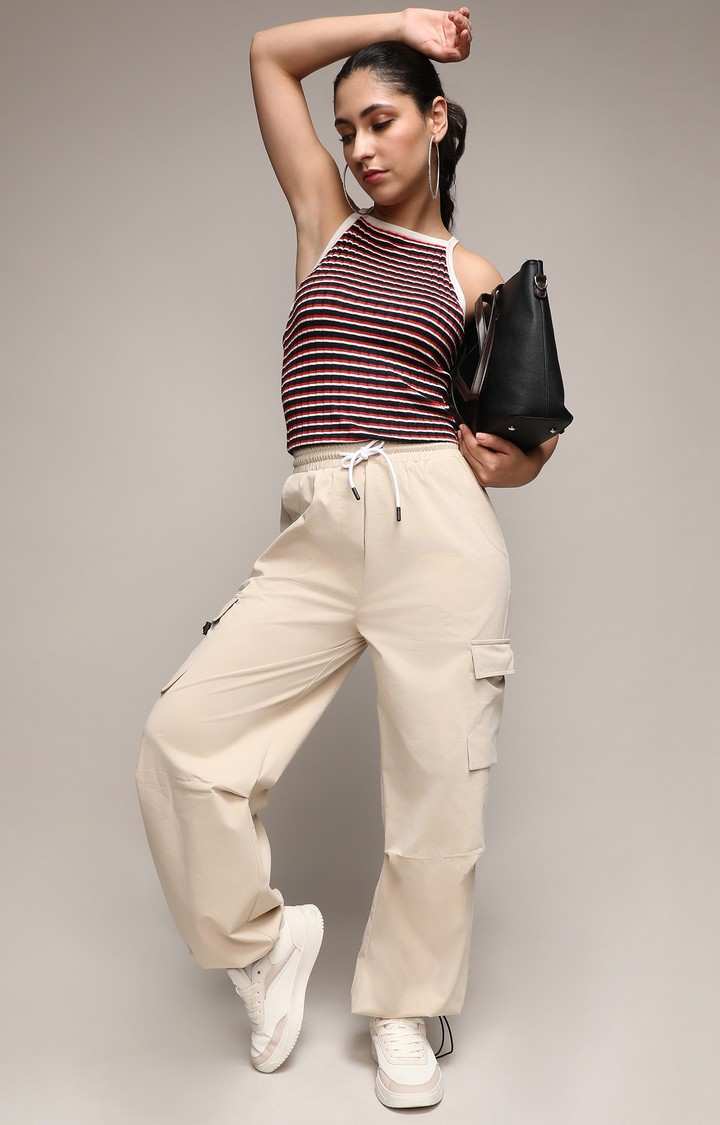 Women's Beige Solid Polyester Cargos
