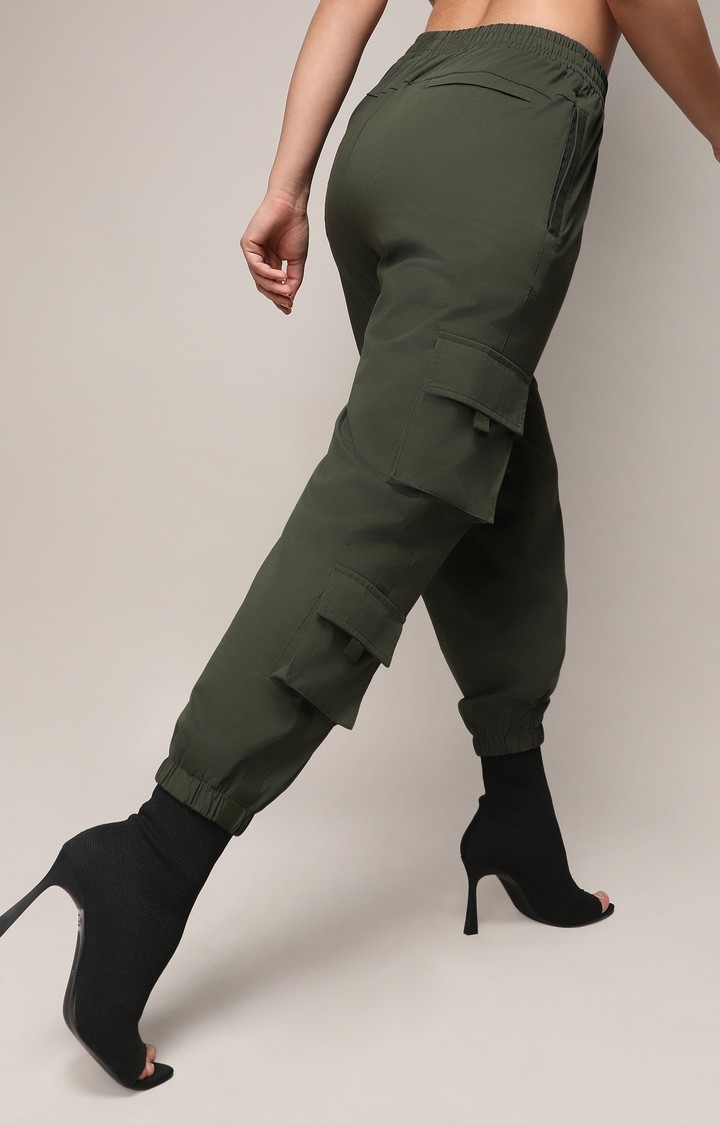 Women's Forest Green Solid Cargos