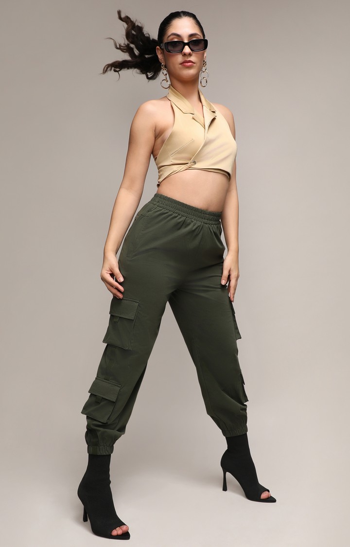 Women's Forest Green Solid Polyester Cargos