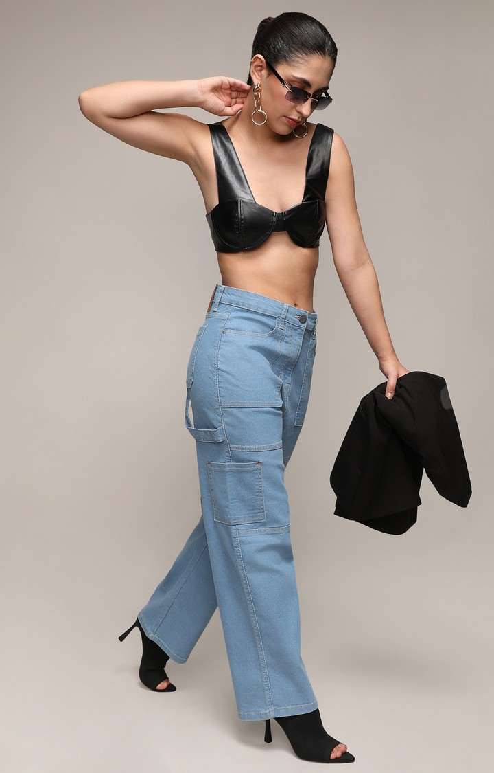 Women's Light Blue Solid Denim Cargos