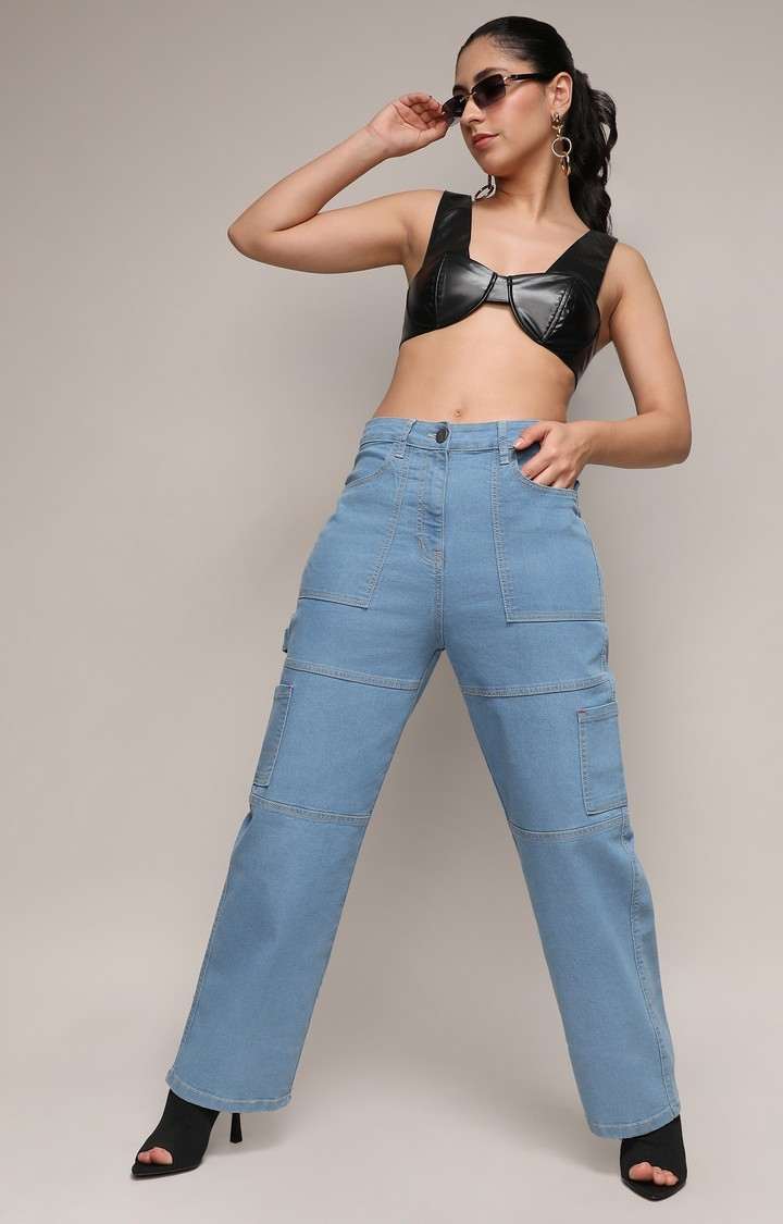 Women's Light Blue Solid Denim Cargos