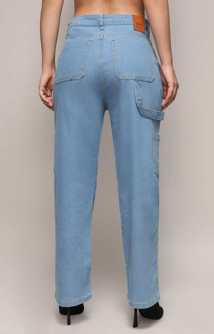 Women's Light Blue Solid Denim Cargos