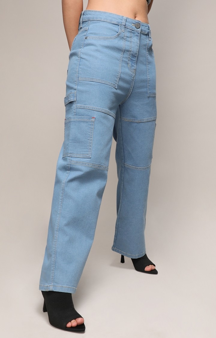 Women's Light Blue Solid Wide Leg Jeans