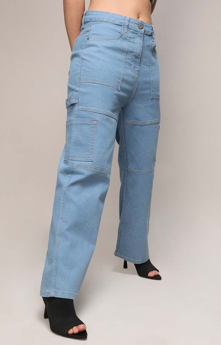Women's Light Blue Solid Denim Cargos