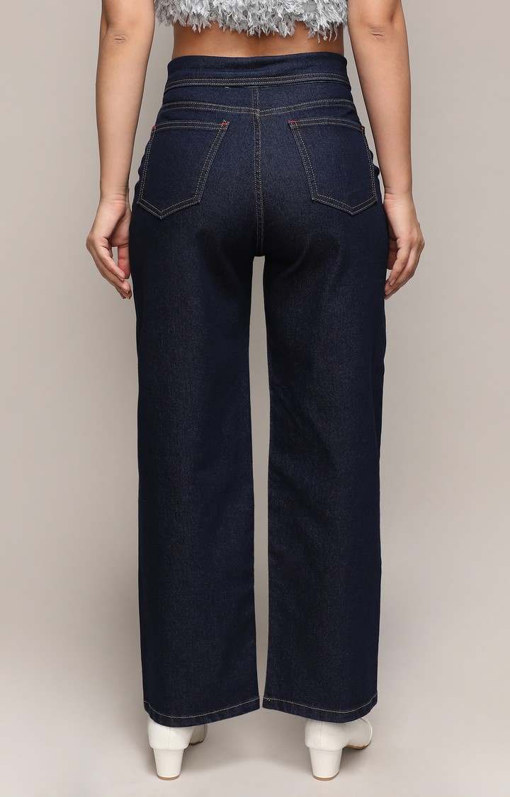 Women's Dark Blue Solid Denim Wide Leg Jeans
