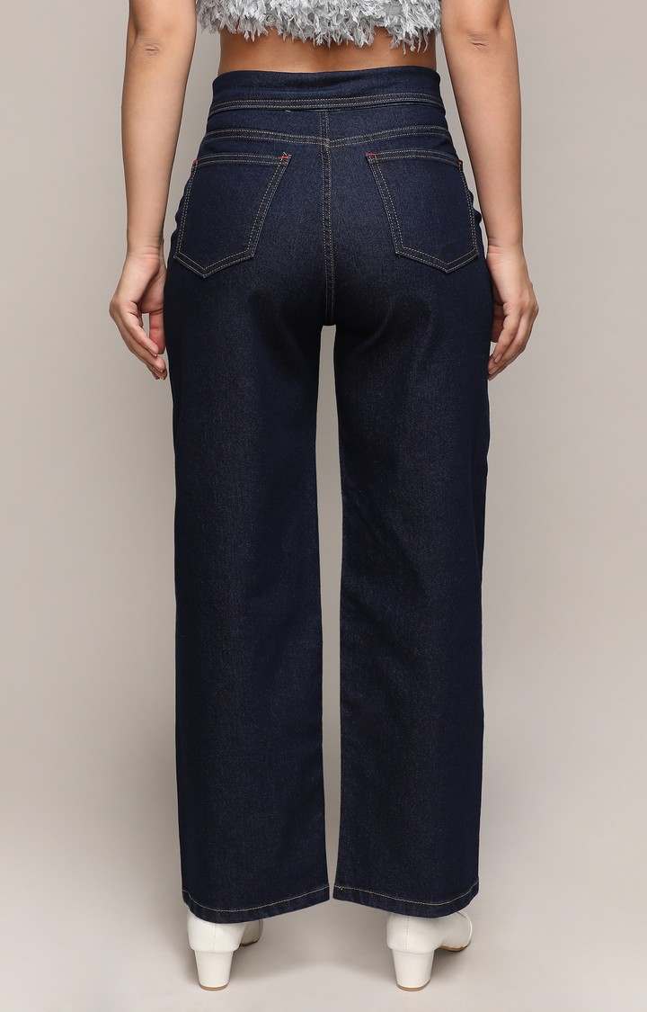 Women's Dark Blue Solid Wide Leg Jeans