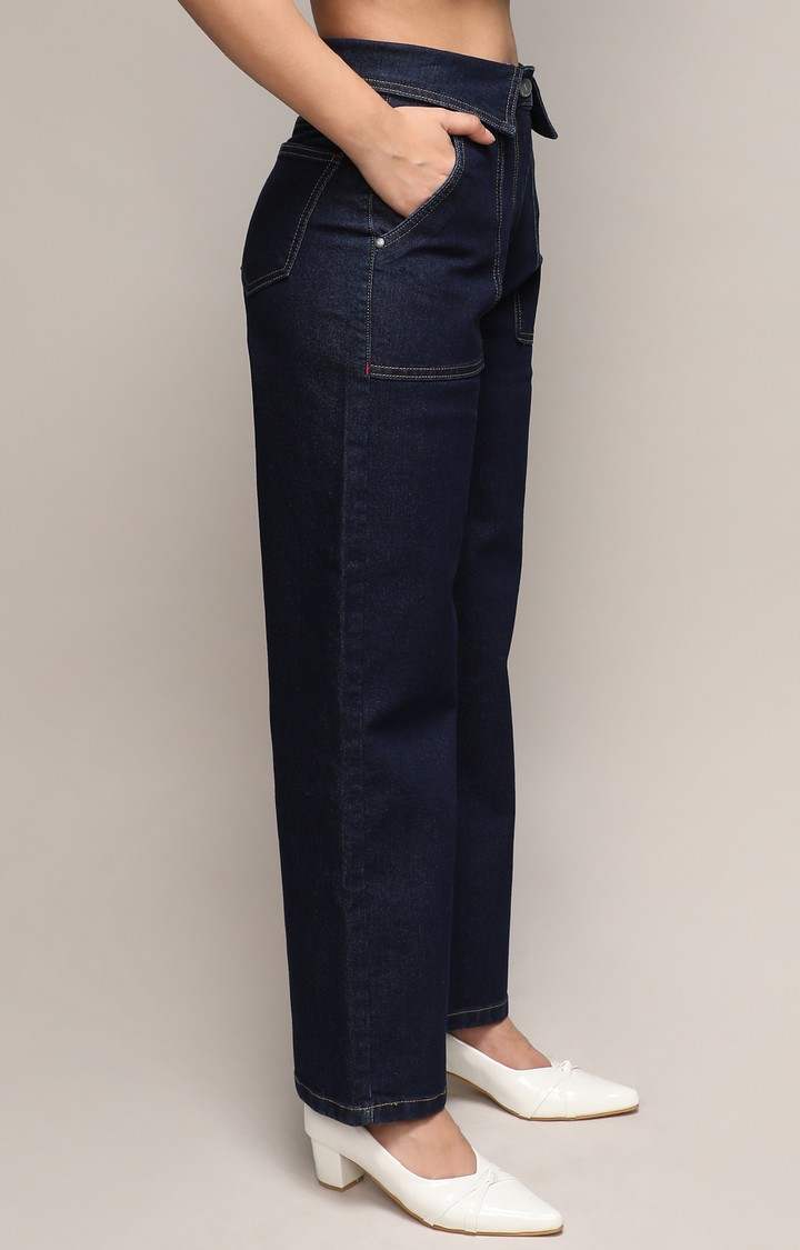 Women's Dark Blue Solid Wide Leg Jeans