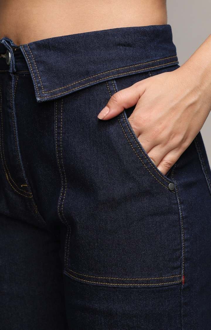 Women's Dark Blue Solid Denim Wide Leg Jeans