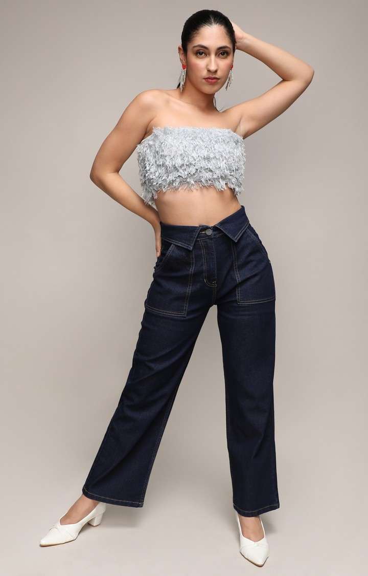 Women's Dark Blue Solid Wide Leg Jeans