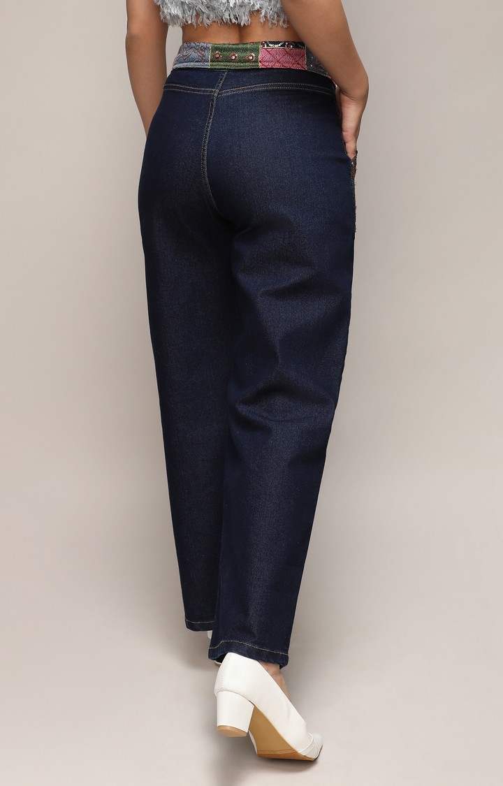 Women's Dark Blue Patchwork Denim Wide Leg Jeans