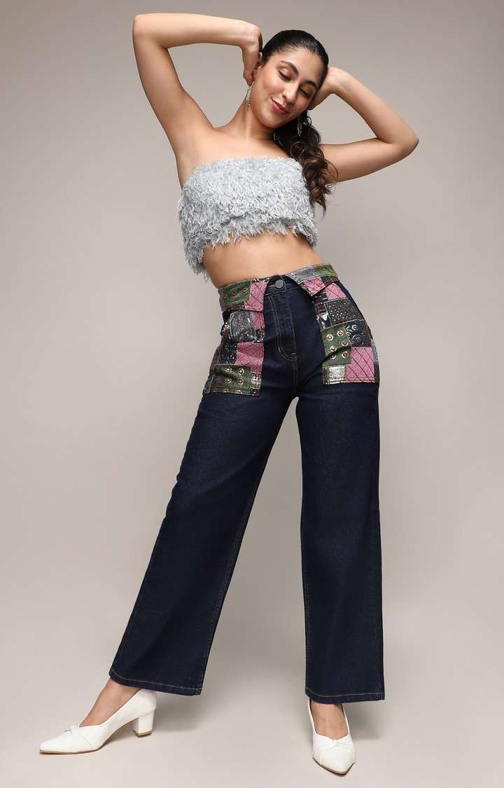 Women's Dark Blue Patchwork Wide Leg Jeans