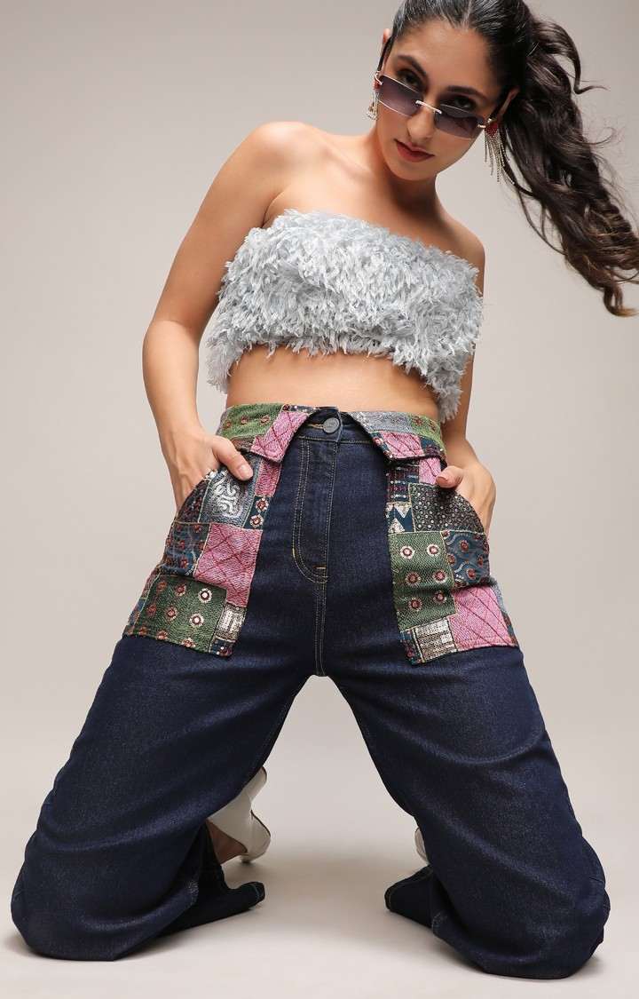 Women's Dark Blue Patchwork Wide Leg Jeans