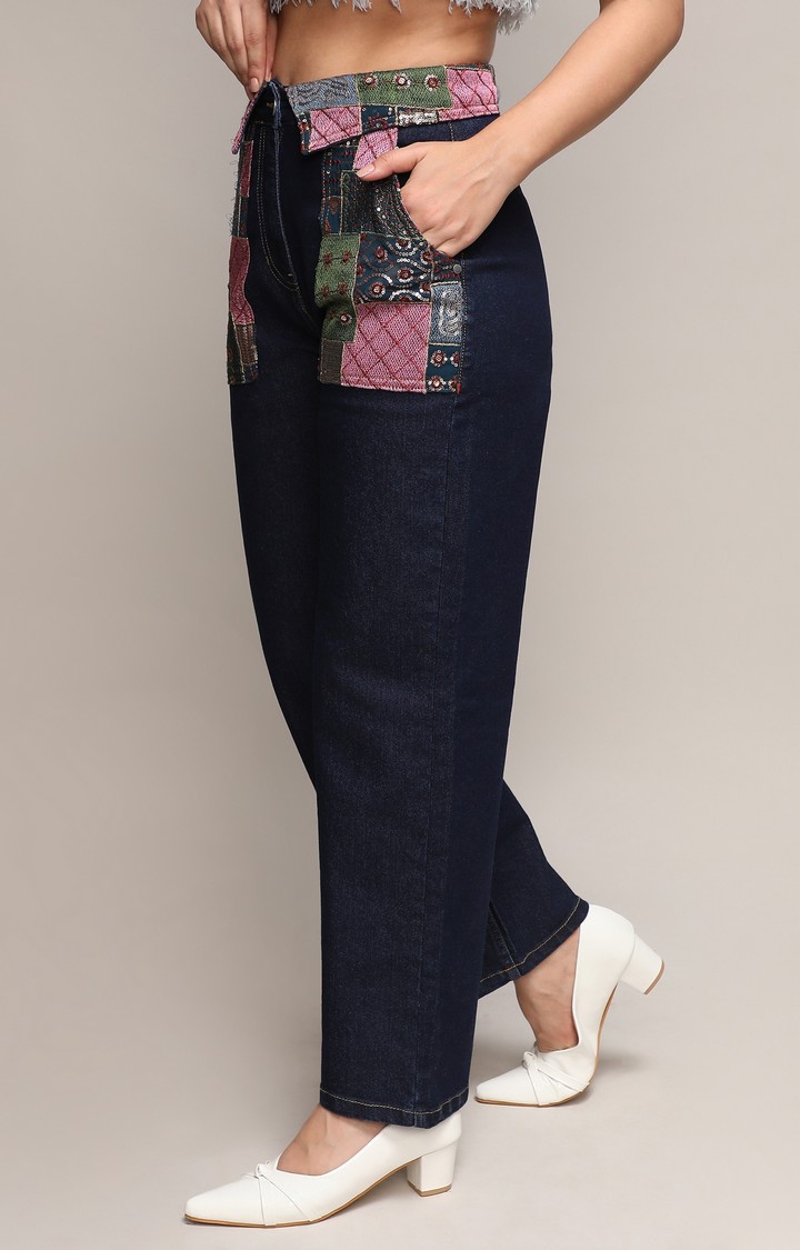 CAMPUS SUTRA | Women's Dark Blue Patchwork Wide Leg Jeans