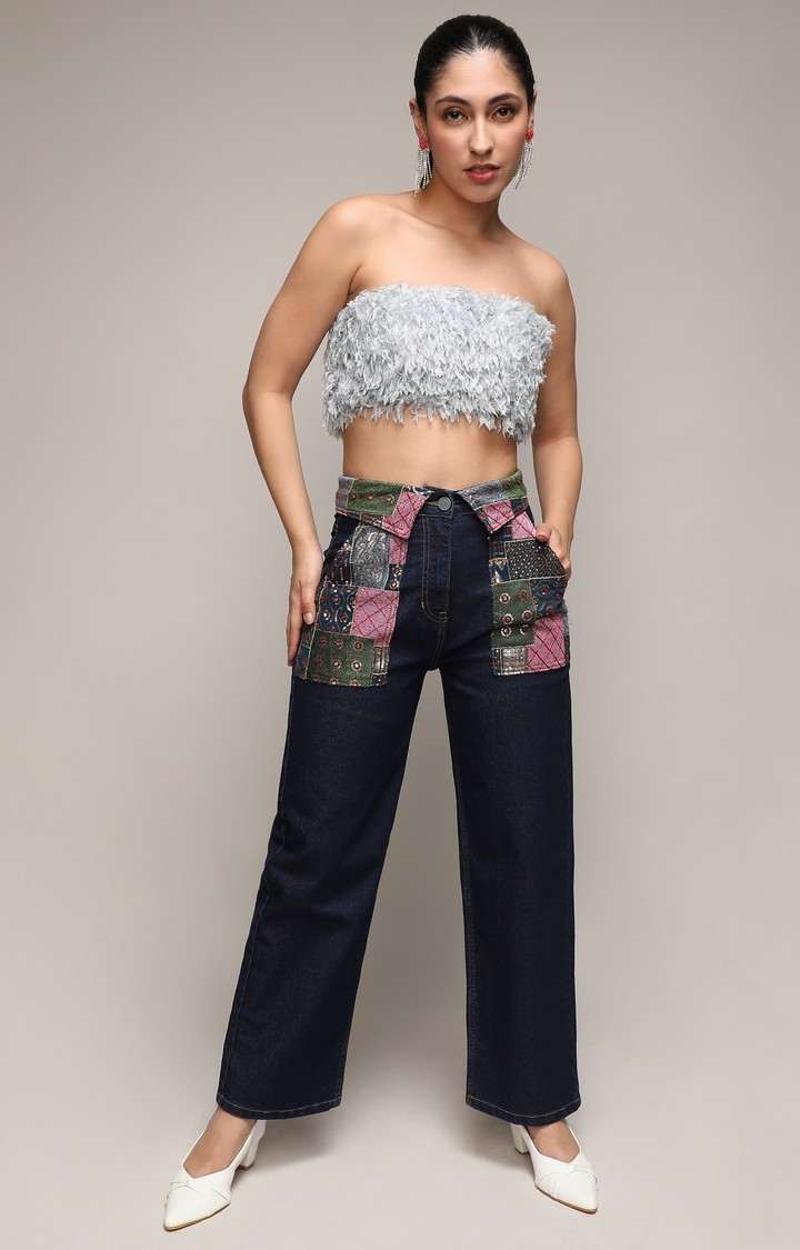 Women's Dark Blue Patchwork Wide Leg Jeans