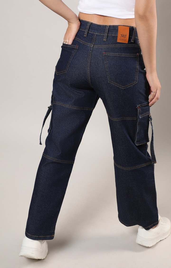 Women's Dark Blue Solid Denim Cargos
