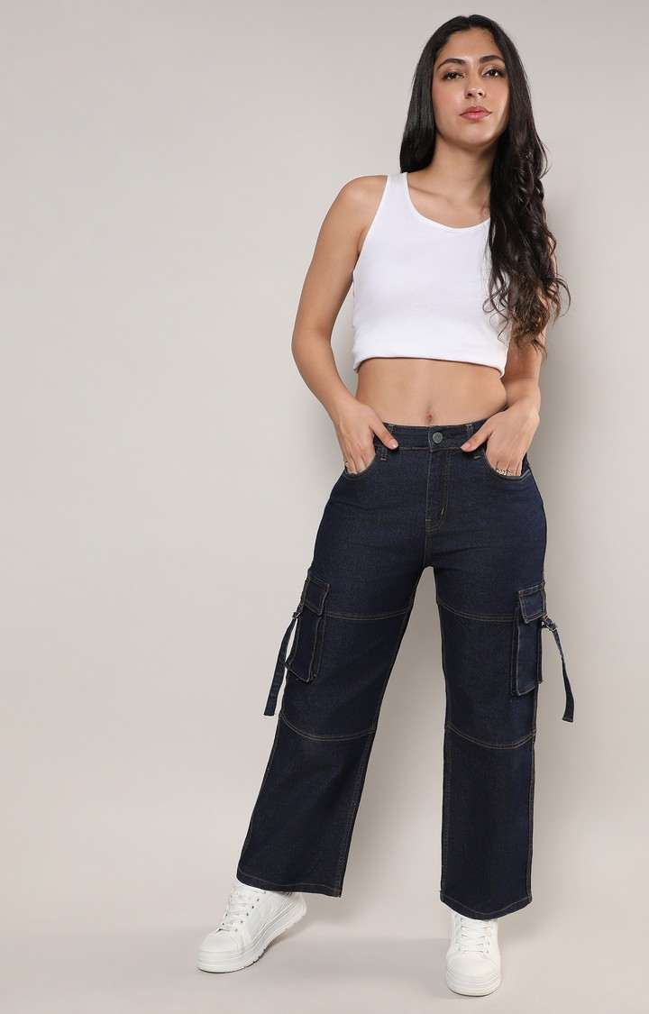 Women's Dark Blue Solid Wide Leg Jeans