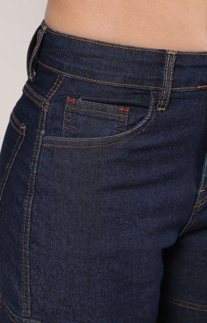 Women's Dark Blue Solid Denim Cargos