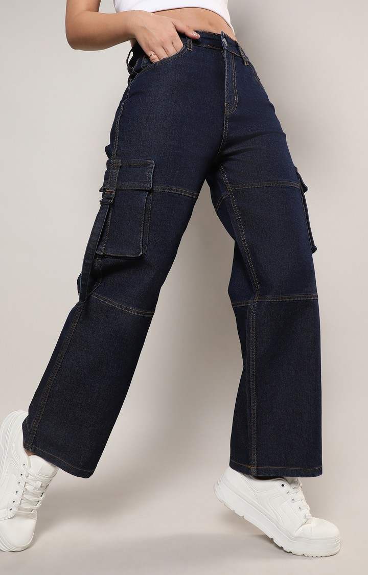 Women's Dark Blue Solid Wide Leg Jeans