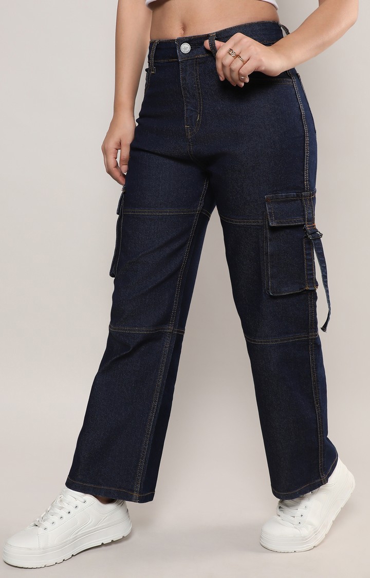 CAMPUS SUTRA | Women's Dark Blue Solid Wide Leg Jeans