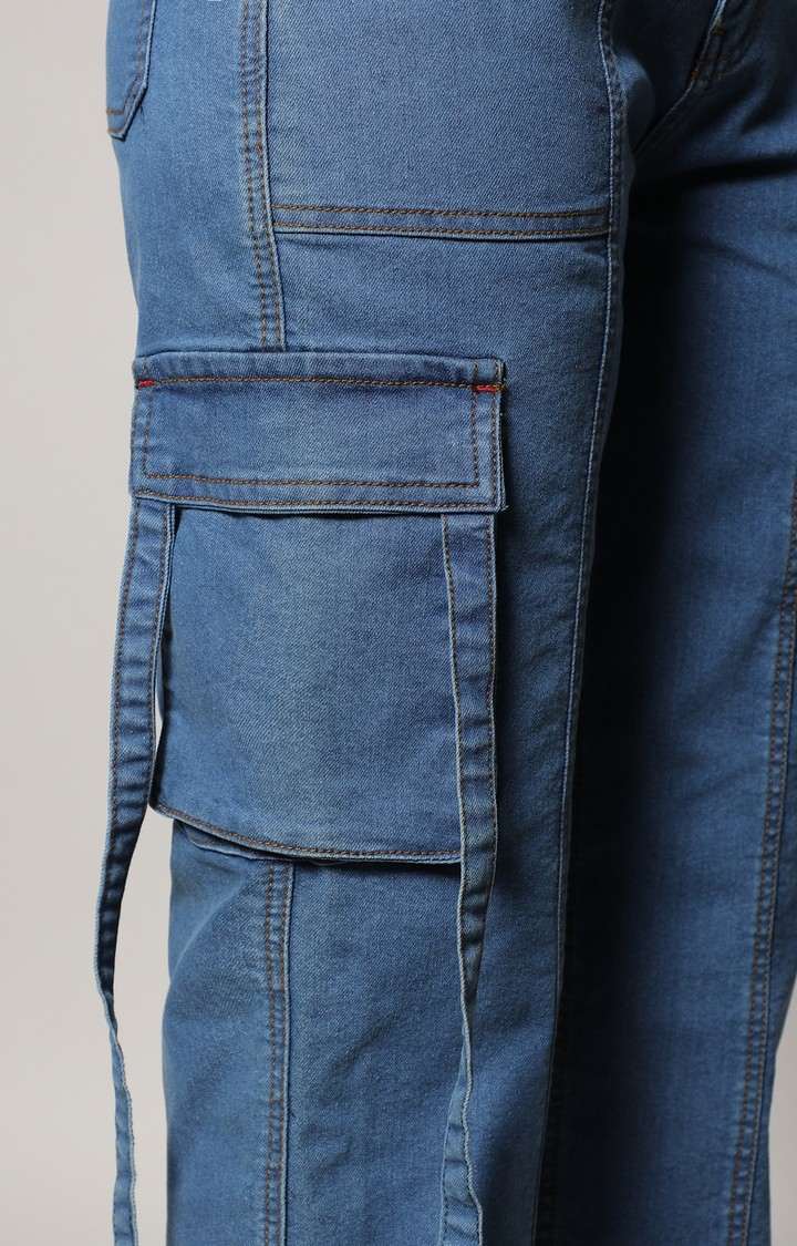 Women's Prussian Blue Solid Denim Cargos