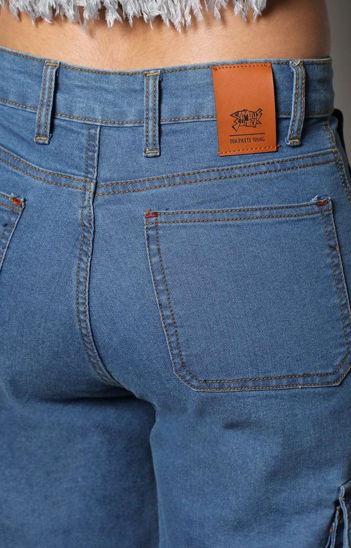 Women's Prussian Blue Solid Denim Cargos
