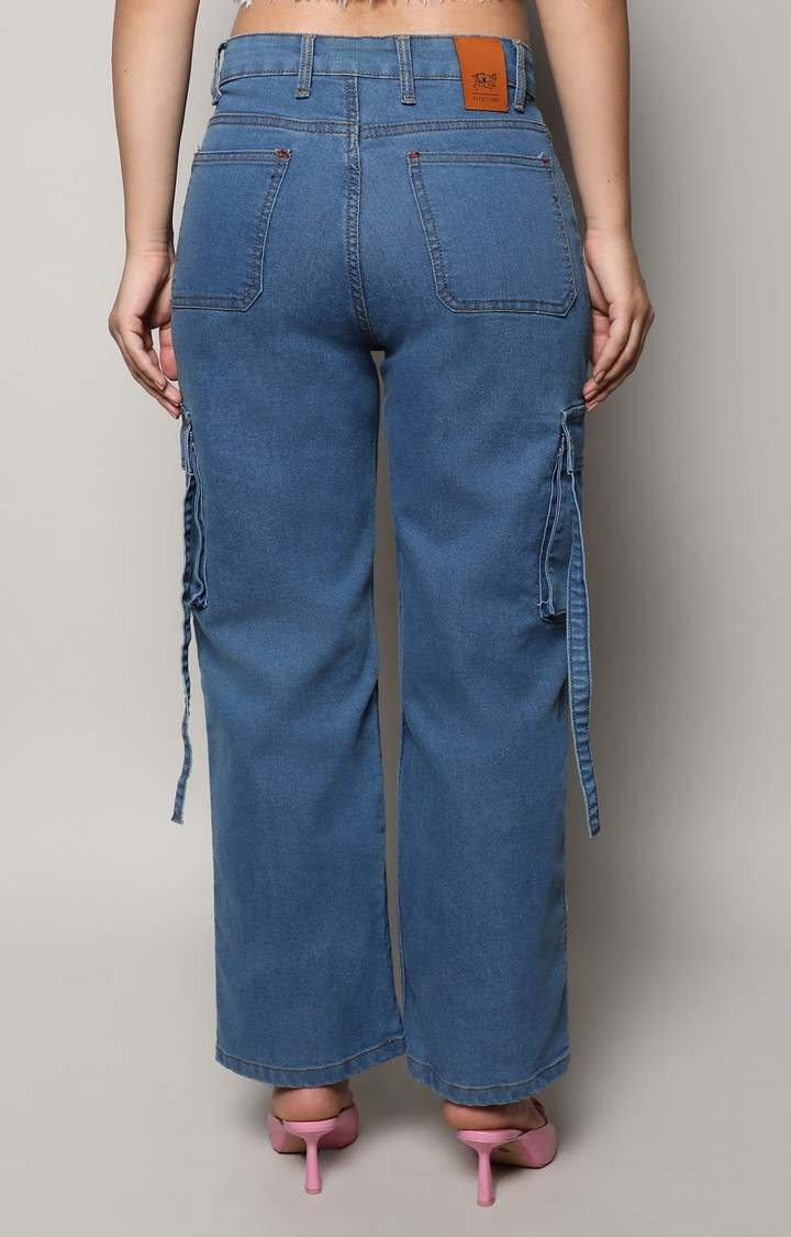 Women's Prussian Blue Solid Wide Leg Jeans