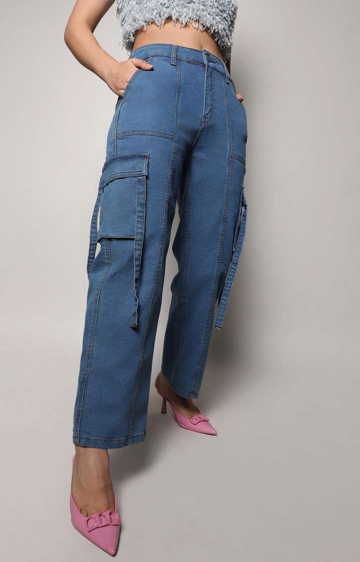 Women's Prussian Blue Solid Denim Cargos