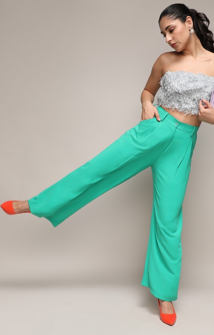 Women's Aqua Green Solid Trouser