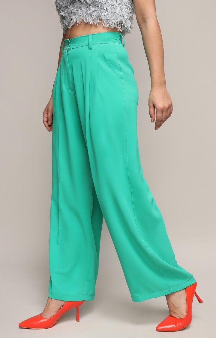 Women's Aqua Green Solid Trouser