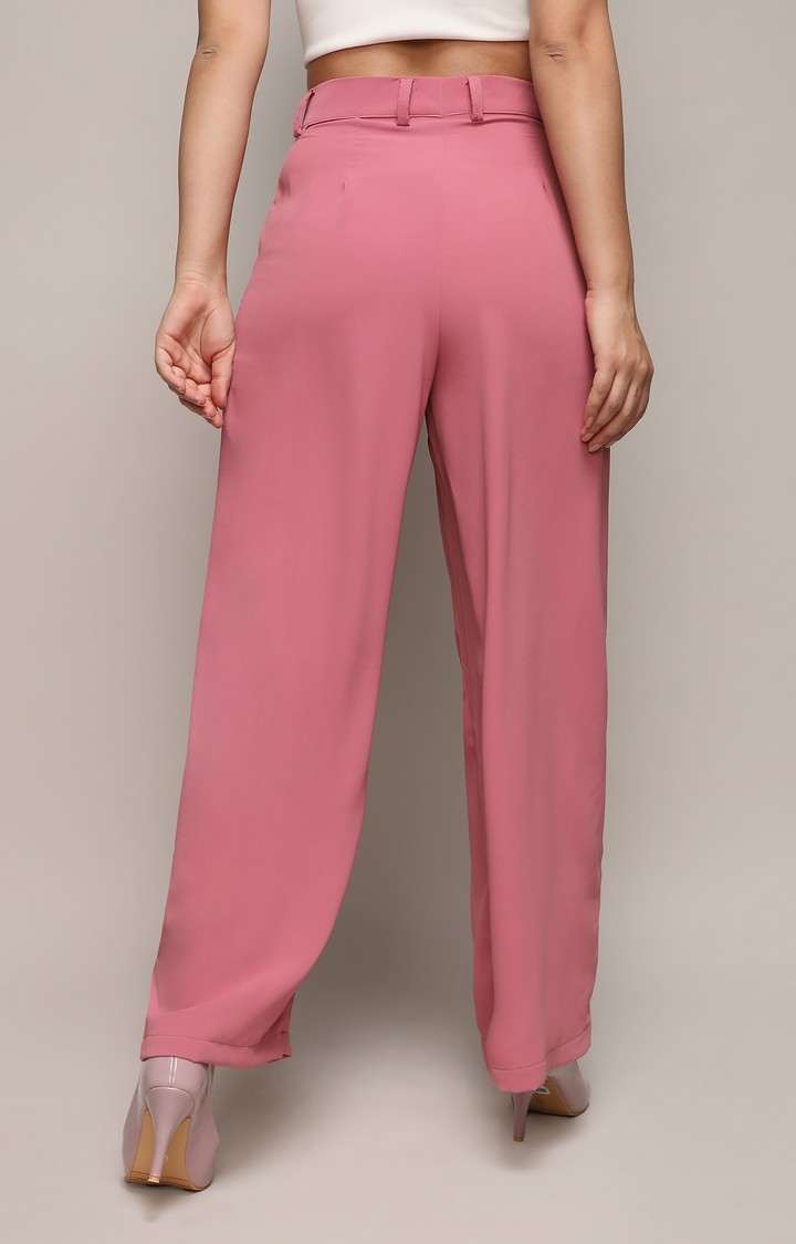 Women's Salmon Pink Solid Polyester Trousers