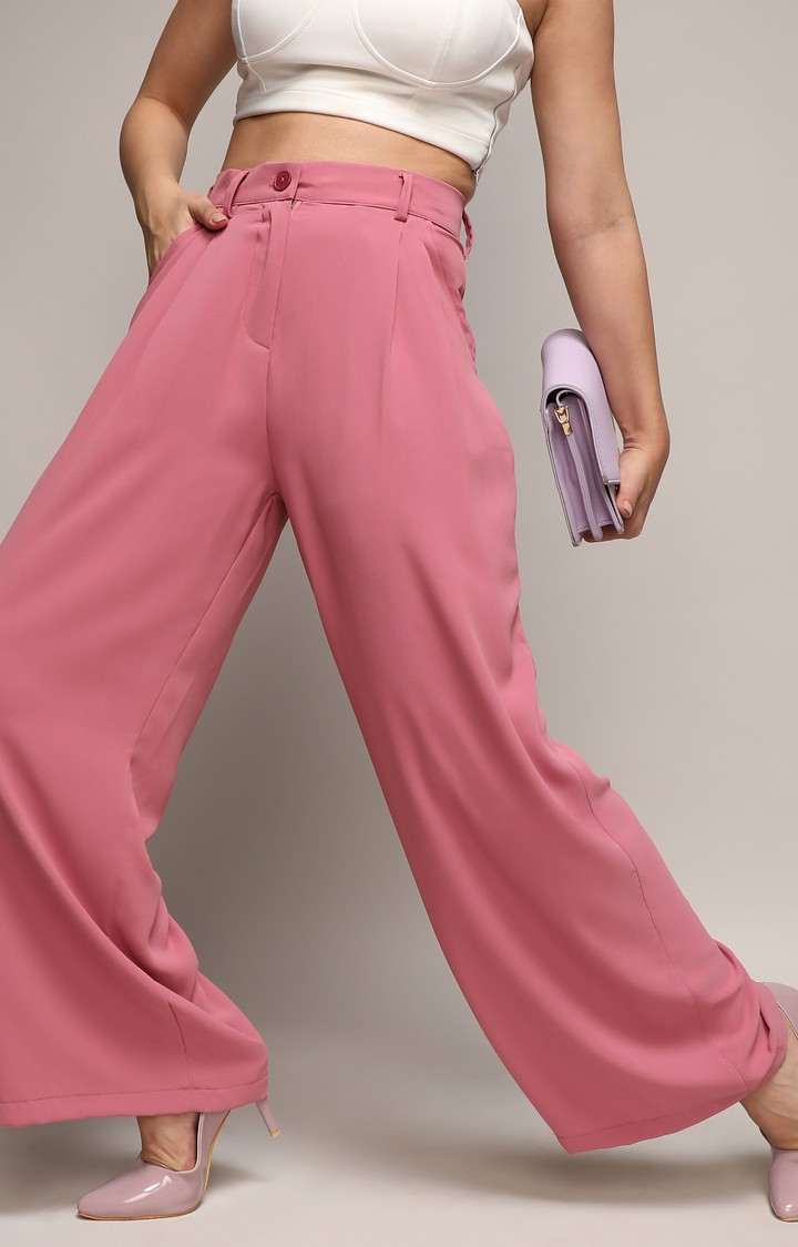 Women's Salmon Pink Solid Polyester Trousers