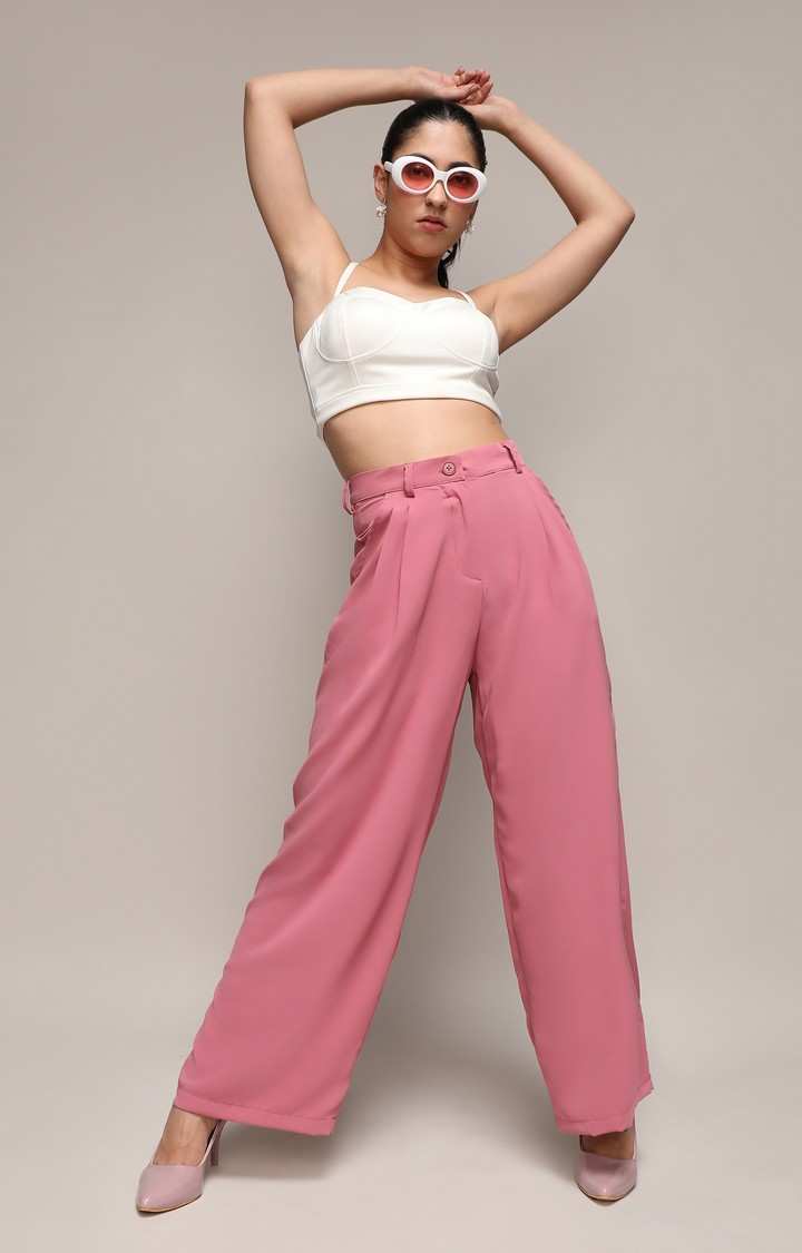 Women's Salmon Pink Solid Polyester Trousers