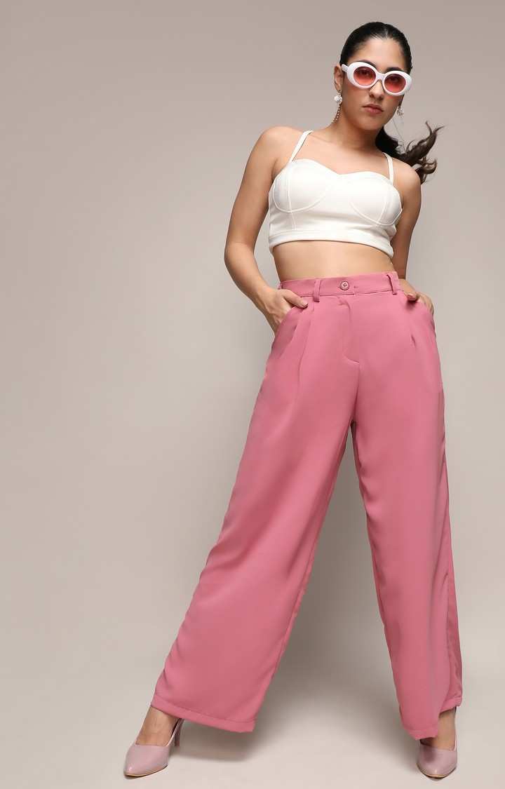 Women's Salmon Pink Solid Polyester Trousers