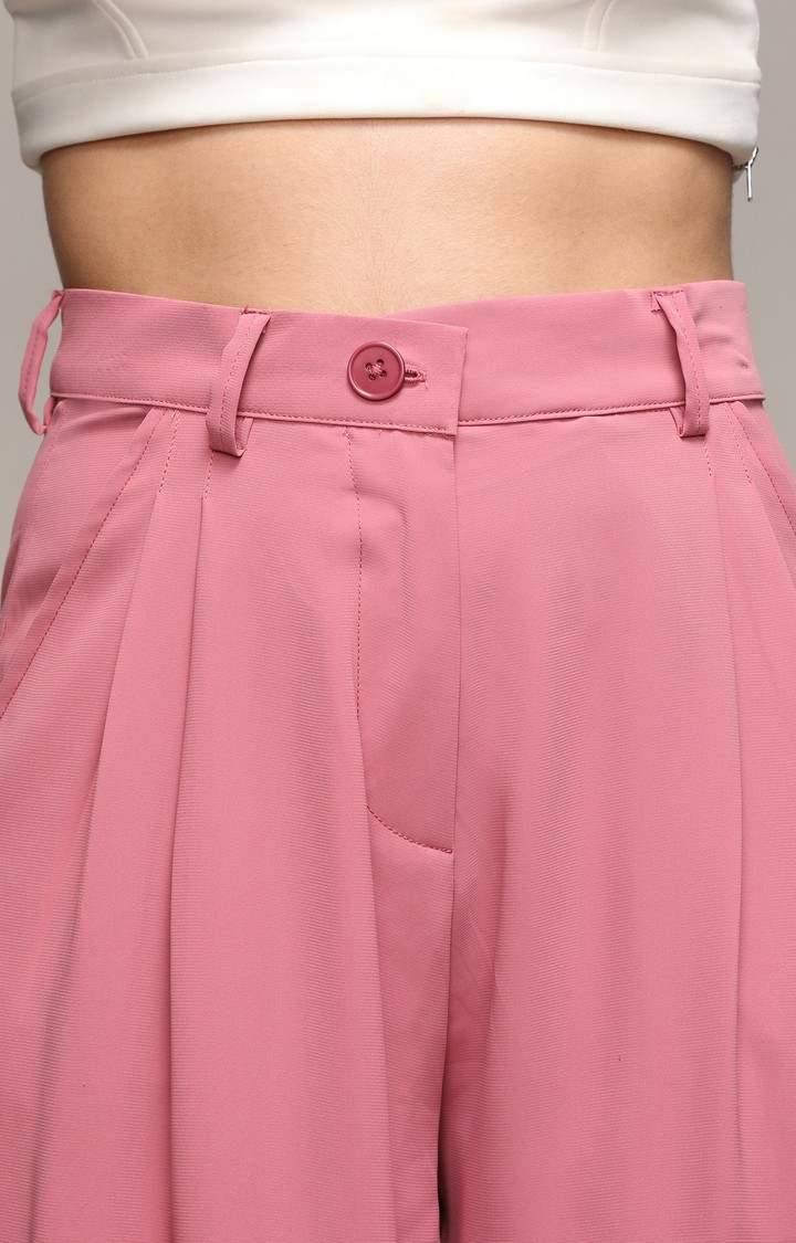 Women's Salmon Pink Solid Polyester Trousers