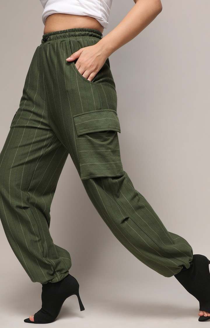 Women's Forest Green Striped Polycotton Cargos