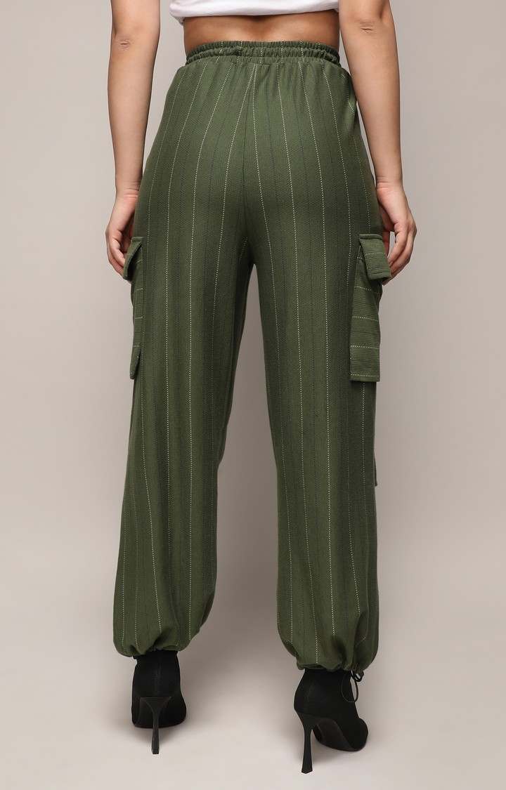 Women's Forest Green Striped Polycotton Cargos
