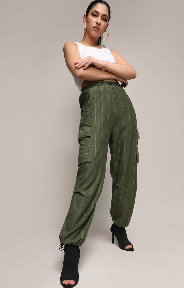 Women's Forest Green Striped Polycotton Cargos