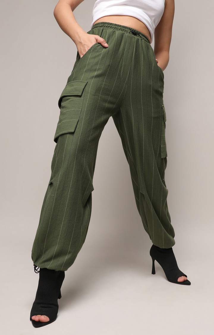 CAMPUS SUTRA | Women's Forest Green Striped Cargos