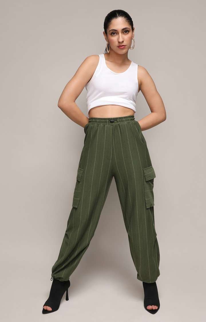 Women's Forest Green Striped Polycotton Cargos
