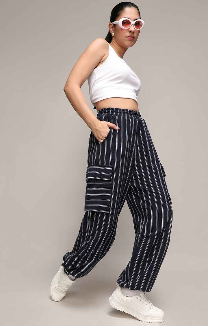 Women's Midnight Black Striped Polycotton Cargos