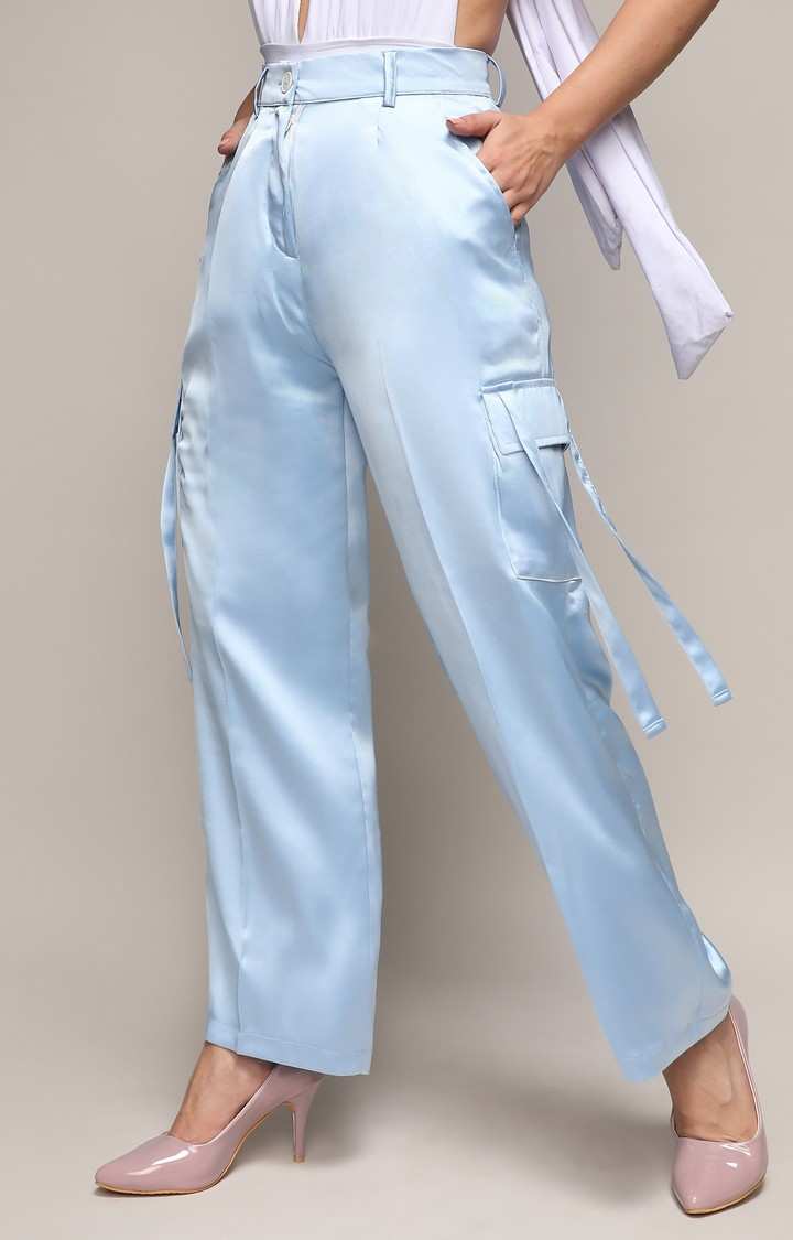 Women's Powder Blue Solid Cargos