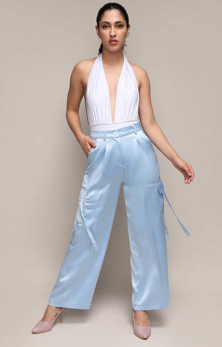 Women's Powder Blue Solid Polyester Cargos