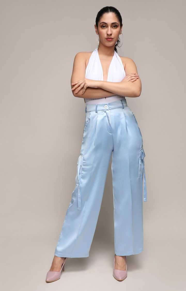 Women's Powder Blue Solid Cargos