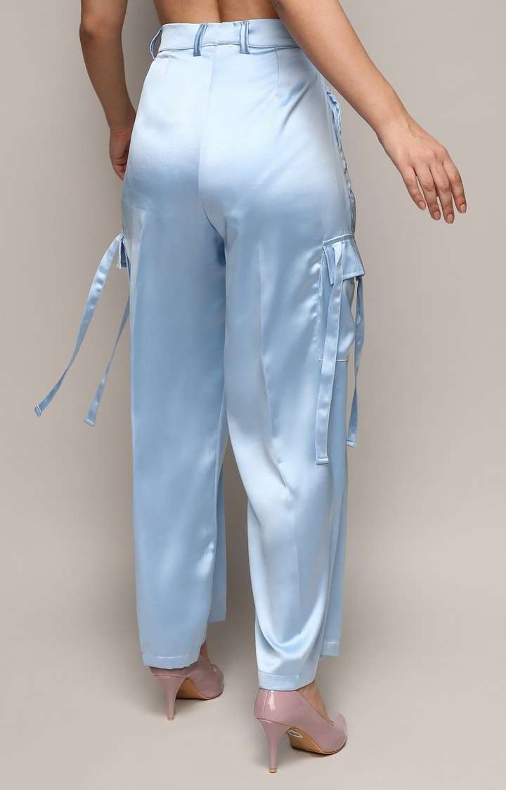 Women's Powder Blue Solid Polyester Cargos