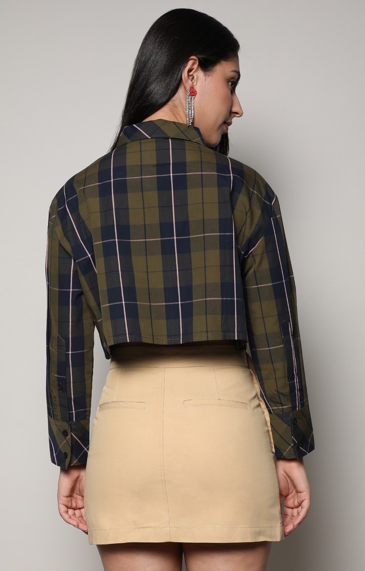 CAMPUS SUTRA | Women's Olive Green:Navy Blue Checked Crop Shirt