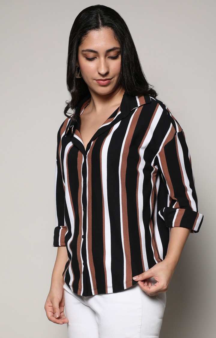 Women's Midnight Black:Mocha Brown Striped Casual Shirt